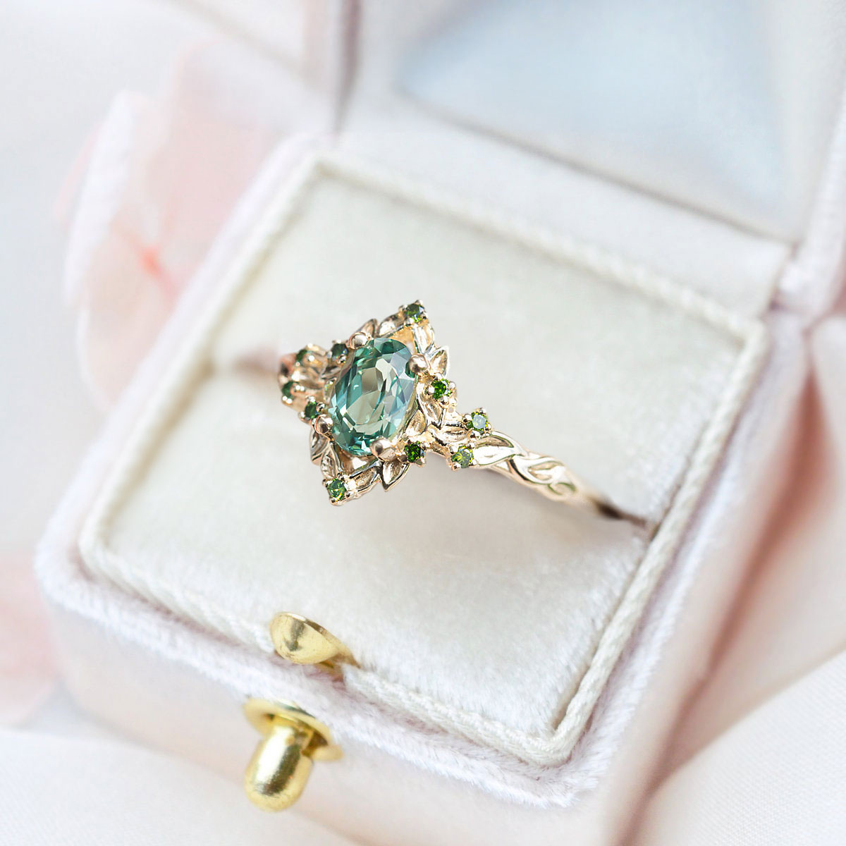 Unique Floral Rose Halo Oval Green Lab Sapphire Ring