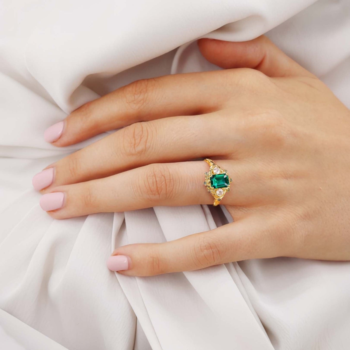 Vintage floral engagement rings Three Stone Emerald Engagement ring Fairy ring