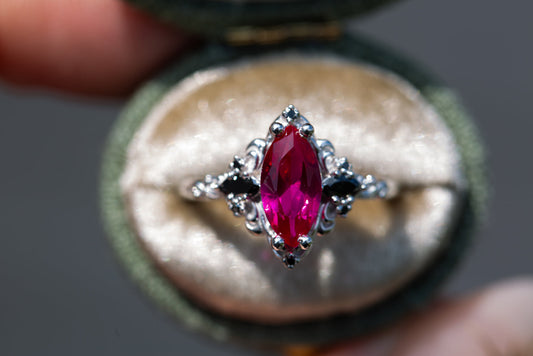 Unique Aurora Three Stone Marquise Ruby and Black Onyx Ring