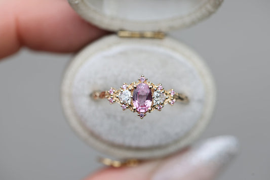 Unique Floral Rose Oval Lab Pink Padparadscha Ring