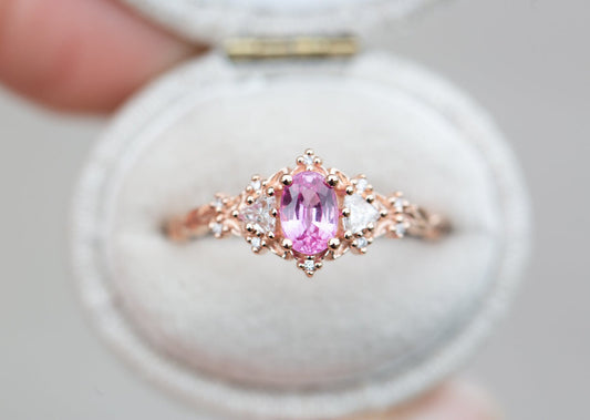 Unique Floral Rose Three Stone Oval Pink Padparadscha Ring (Sunrise)