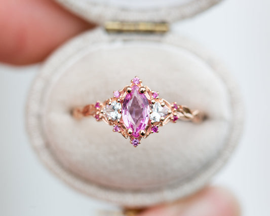 Unique Floral Rose Three Stone Marquise Pink Padparadscha and Moissanite Ring