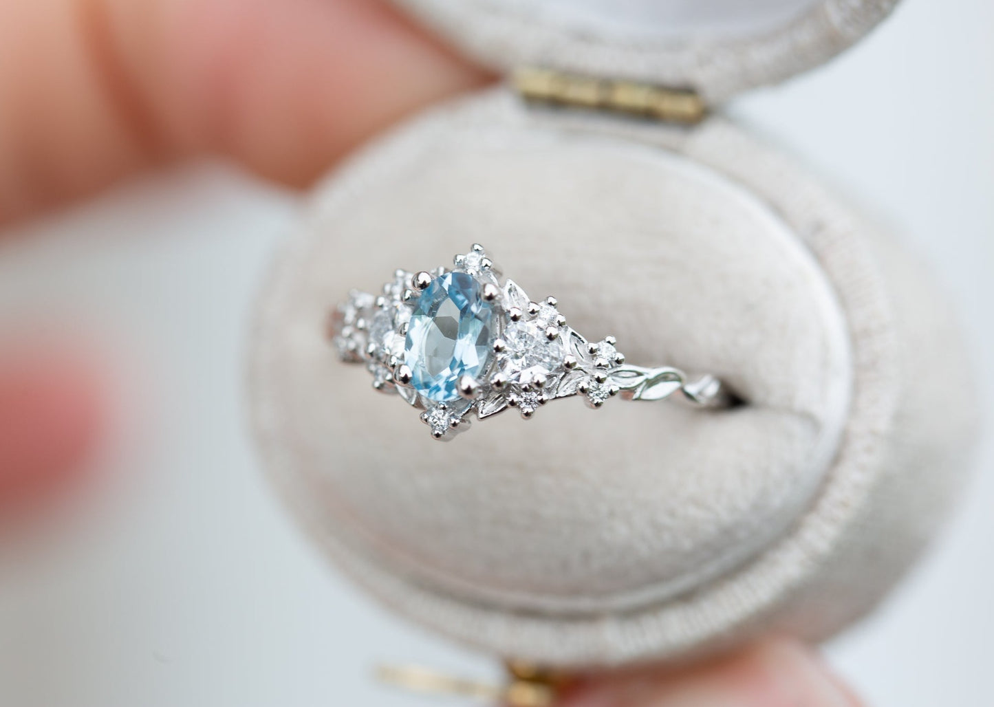 Unique Celeste Rose Three Stone Oval Lab Aquamarine Ring