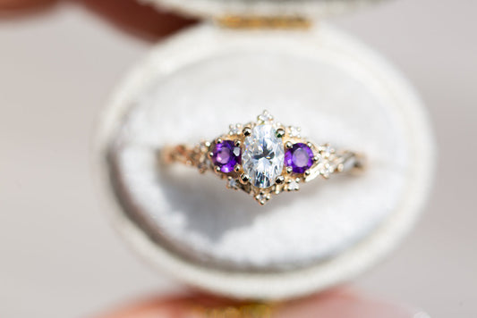 Unique Celeste Rose Oval Moissanite and Lab Amethyst Ring