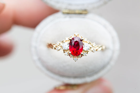 Unique Floral Rose Three Stone Oval Lab Ruby and Moissanite Ring