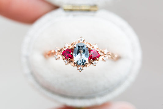 Unique Floral Rose Three Stone Oval Lab Grey Spinel and Ruby Ring