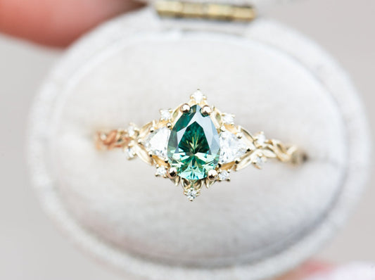 Unique Celeste Rose Three Stone Pear Teal Moissanite Ring