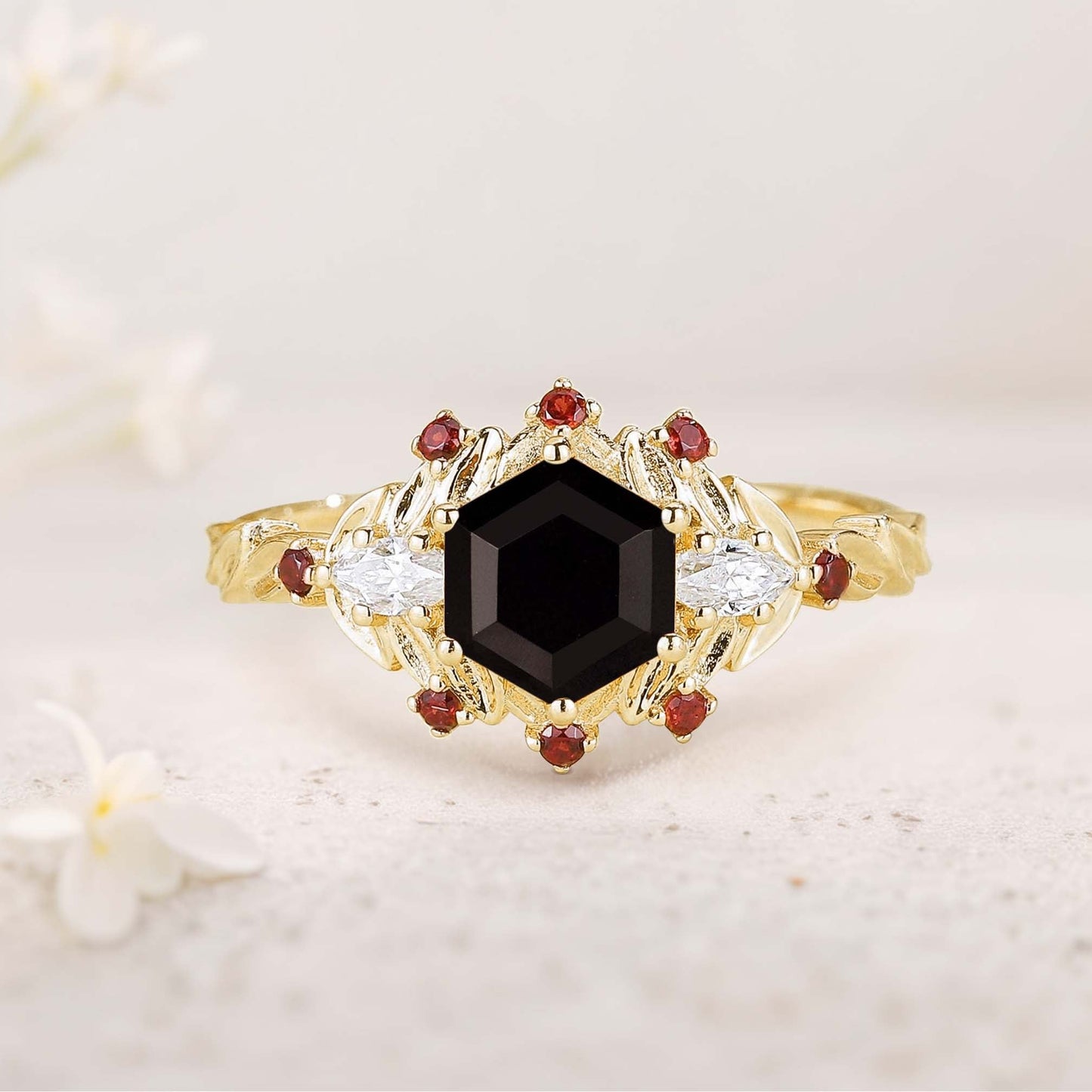Unique floral engagement rings Hexagon Amethyst Flower Engagement Ring Leaf Wedding Ring For Women