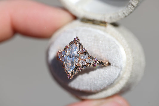 Unique Celeste Rose Starlight Marquise Moissanite and Pink Sapphire Ring