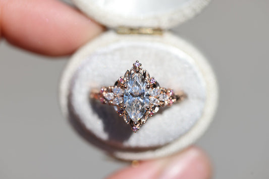 Unique Celeste Rose Starlight Marquise Moissanite and Pink Sapphire Ring