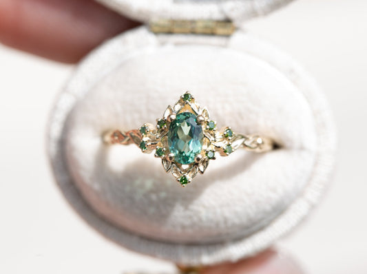 Unique Celeste Rose Halo Oval Green Lab Sapphire Ring