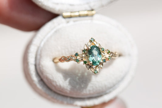 Unique Celeste Rose Halo Oval Green Lab Sapphire Ring