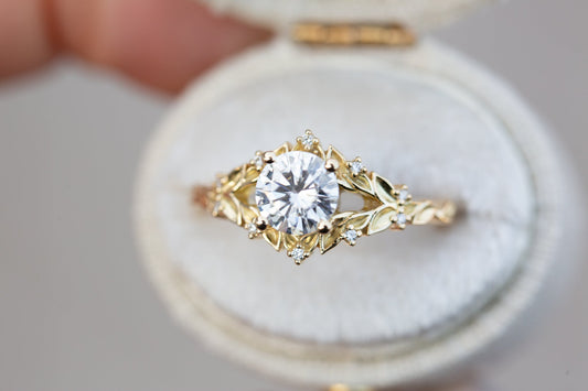 Unique Woodland Solitaire Round Moissanite Ring