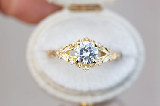 Unique Woodland Solitaire Round Moissanite Ring
