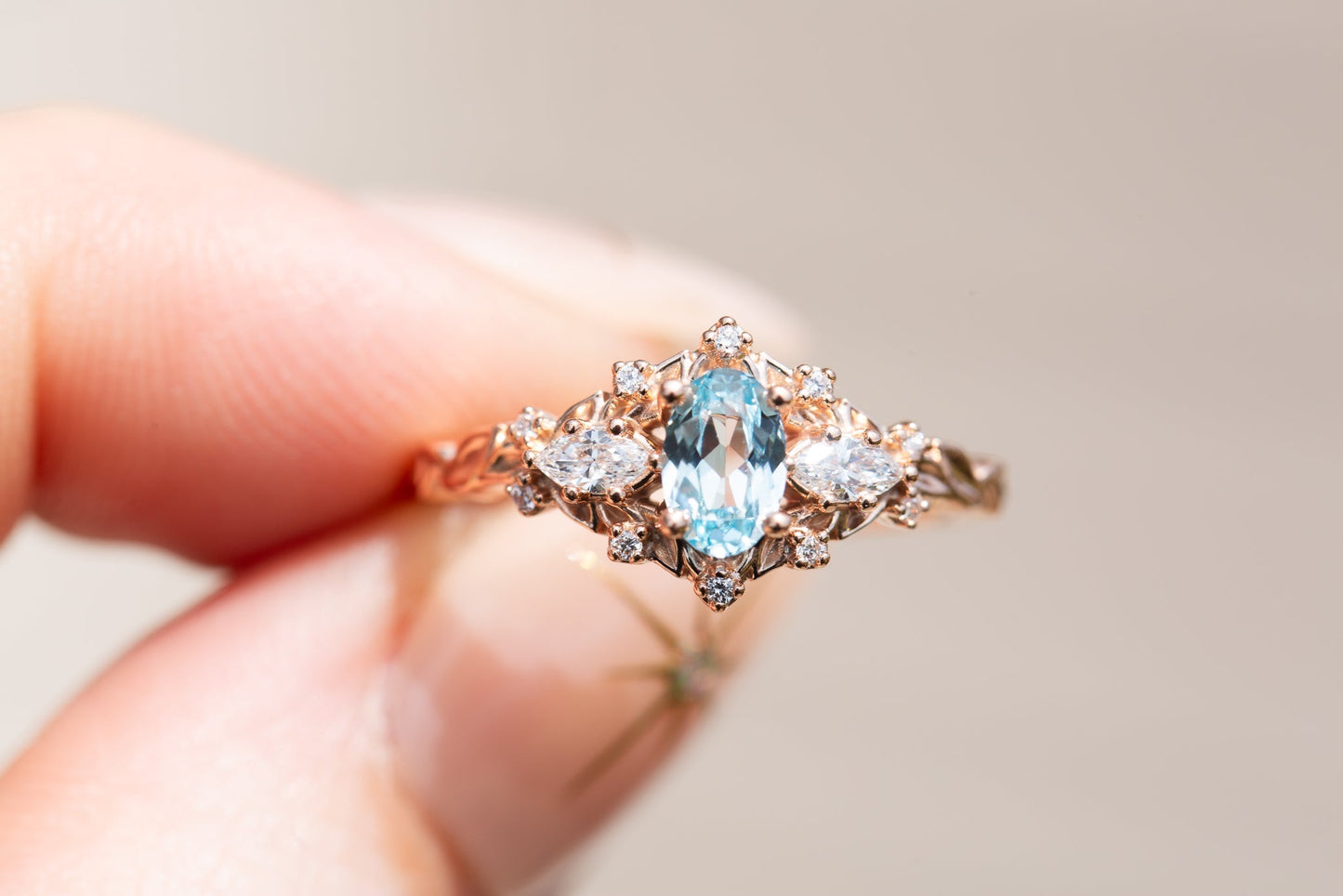 Unique Floral Rose Three Stone Oval Topaz Ring