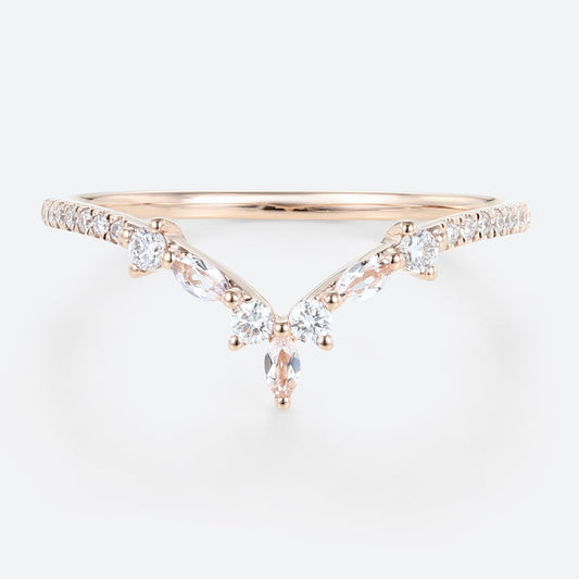 Unique Marquise Cut Morganite Curved Wedding Band Moissanite Wedding Band