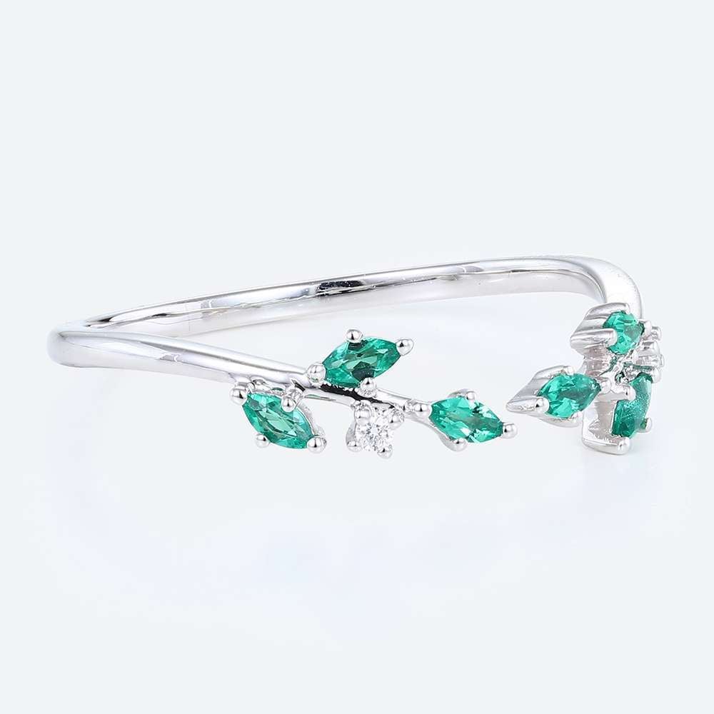 Unique Round & Marquise Cut Lab Emerald and Moissanite Curved Wedding Ring Open Stackable Band