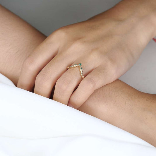 Unique Round Lab Emerald and Moss Agate Wedding Ring Leaf-Inspired Stackable Band
