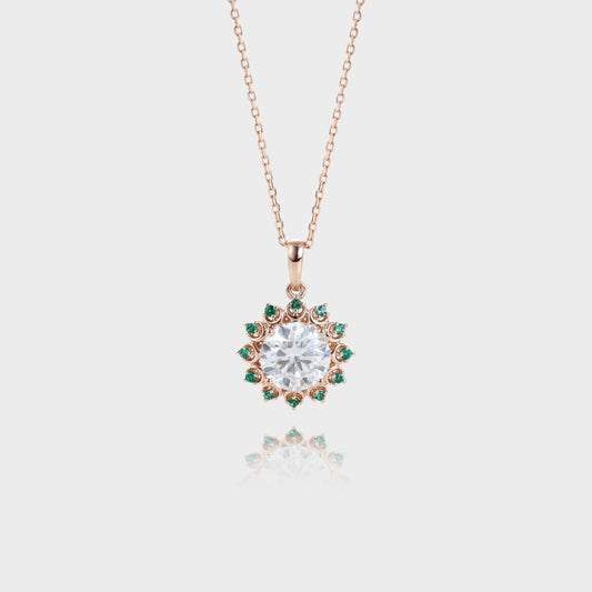 Unique Round Cut Moissanite Necklace Emerald Halo Accented Pendant Gift For Women