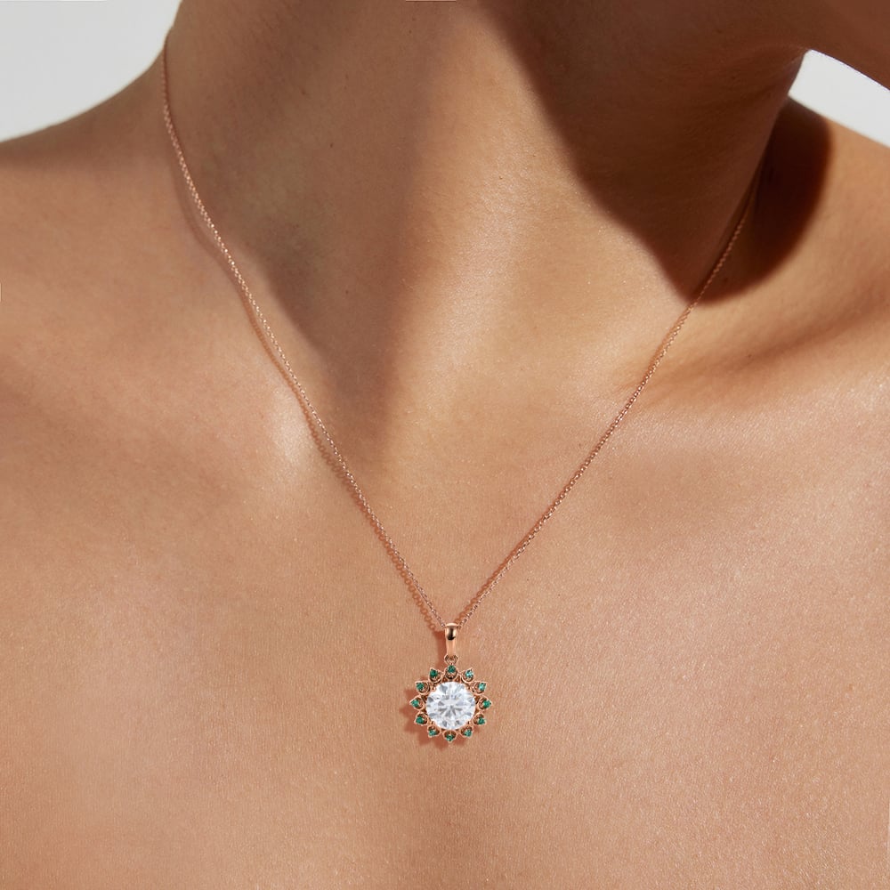 Unique Round Cut Moissanite Necklace Emerald Halo Accented Pendant Gift For Women