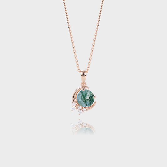 Globe Shape Round Cut Moss Agate Pendant Necklace Diamond Cluster Accented Necklace
