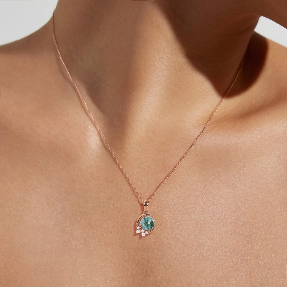 Globe Shape Round Cut Moss Agate Pendant Necklace Diamond Cluster Accented Necklace