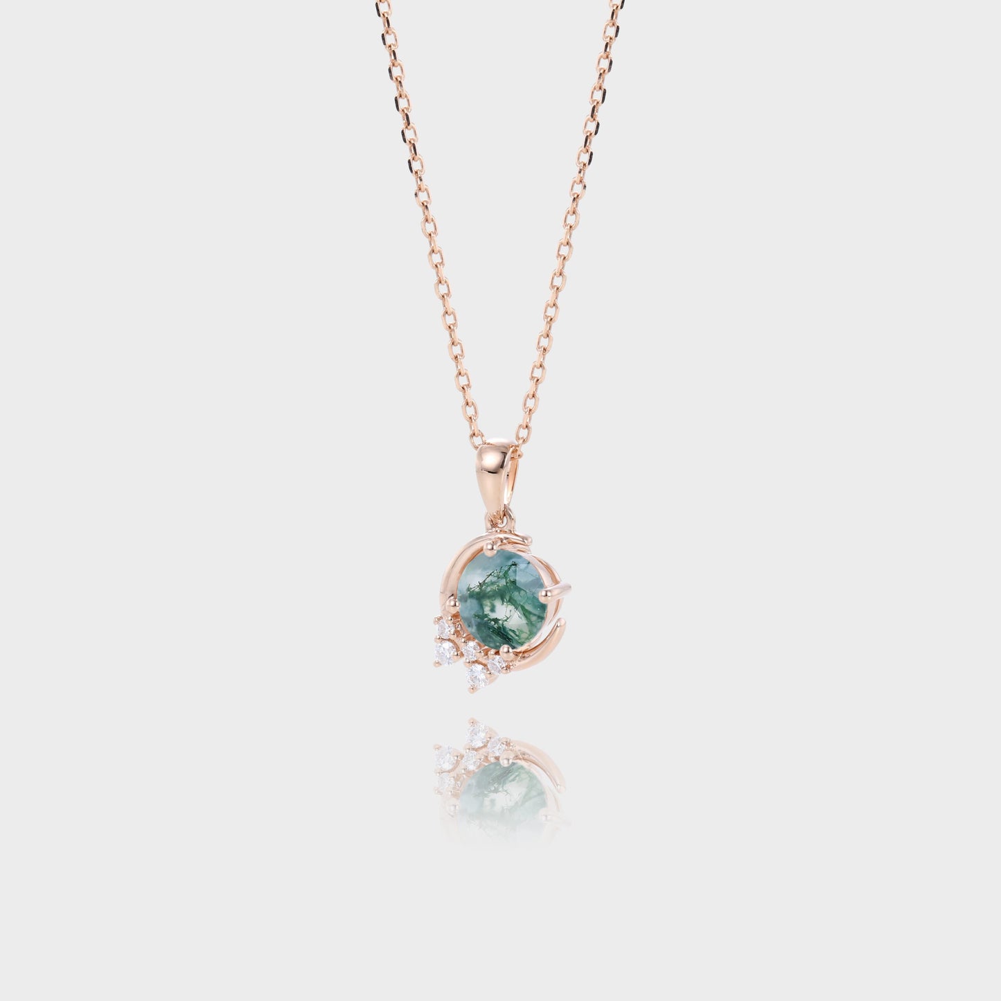 Globe Shape Round Cut Moss Agate Pendant Necklace Diamond Cluster Accented Necklace