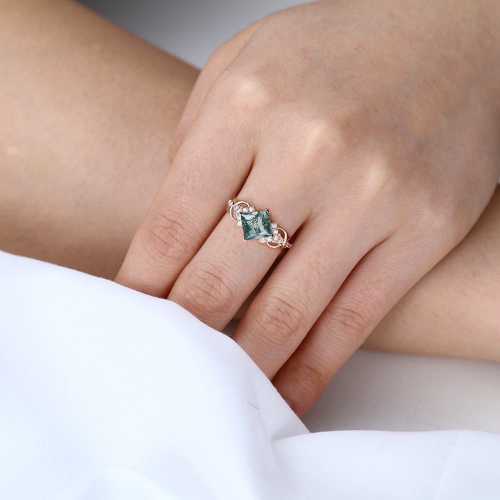 Vintage Princess Moss Agate Engagement Ring For Women