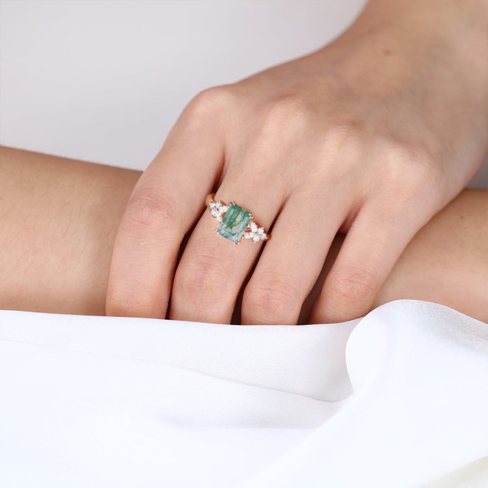 Vintage Emerald Cut Moss Agate Engagement Ring