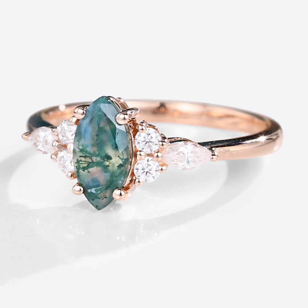 Unique Marquise Moss Agate Simple Engagement Ring
