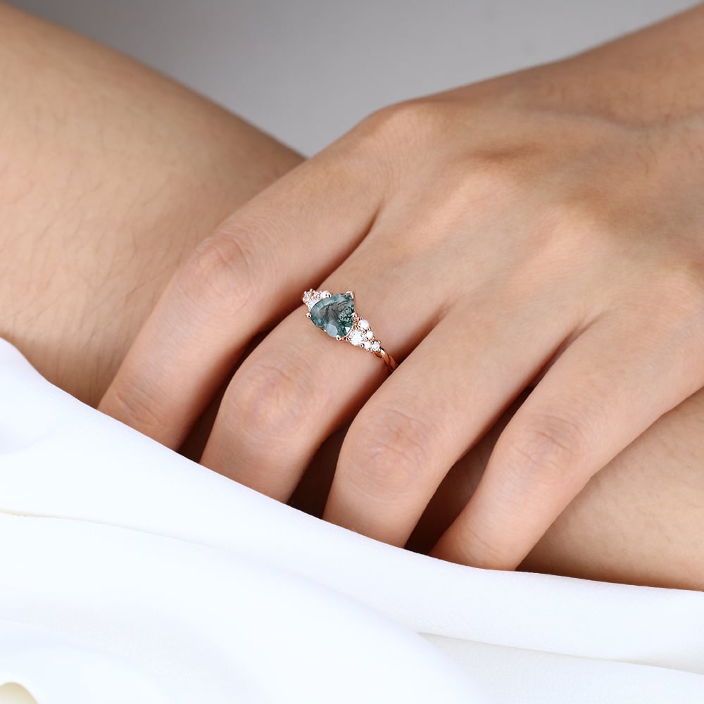Unique Heart Cut Moss Agate Cluster Engagement Ring Twisted Promise Ring