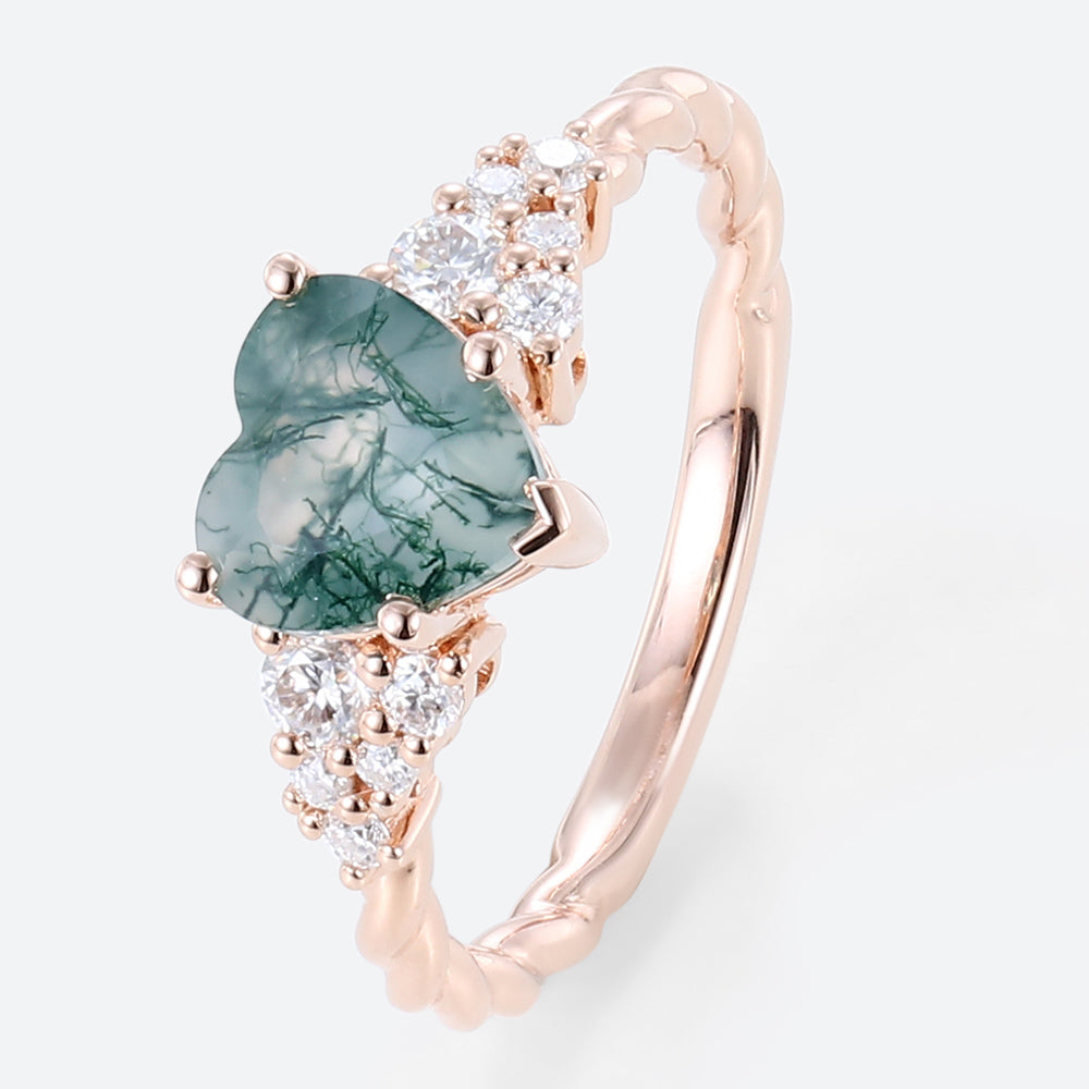 Unique Heart Cut Moss Agate Cluster Engagement Ring Twisted Promise Ring