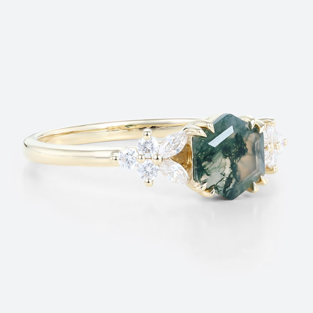Unique Hexagon Moss Agate Simple Engagement Ring