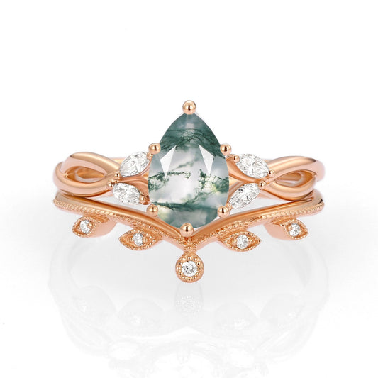 Unique floral engagement rings Pear Moissanite Leafy Twig Bridal Ring Set