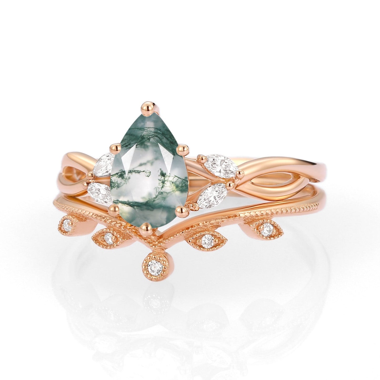 Unique floral engagement rings Pear Moissanite Leafy Twig Bridal Ring Set
