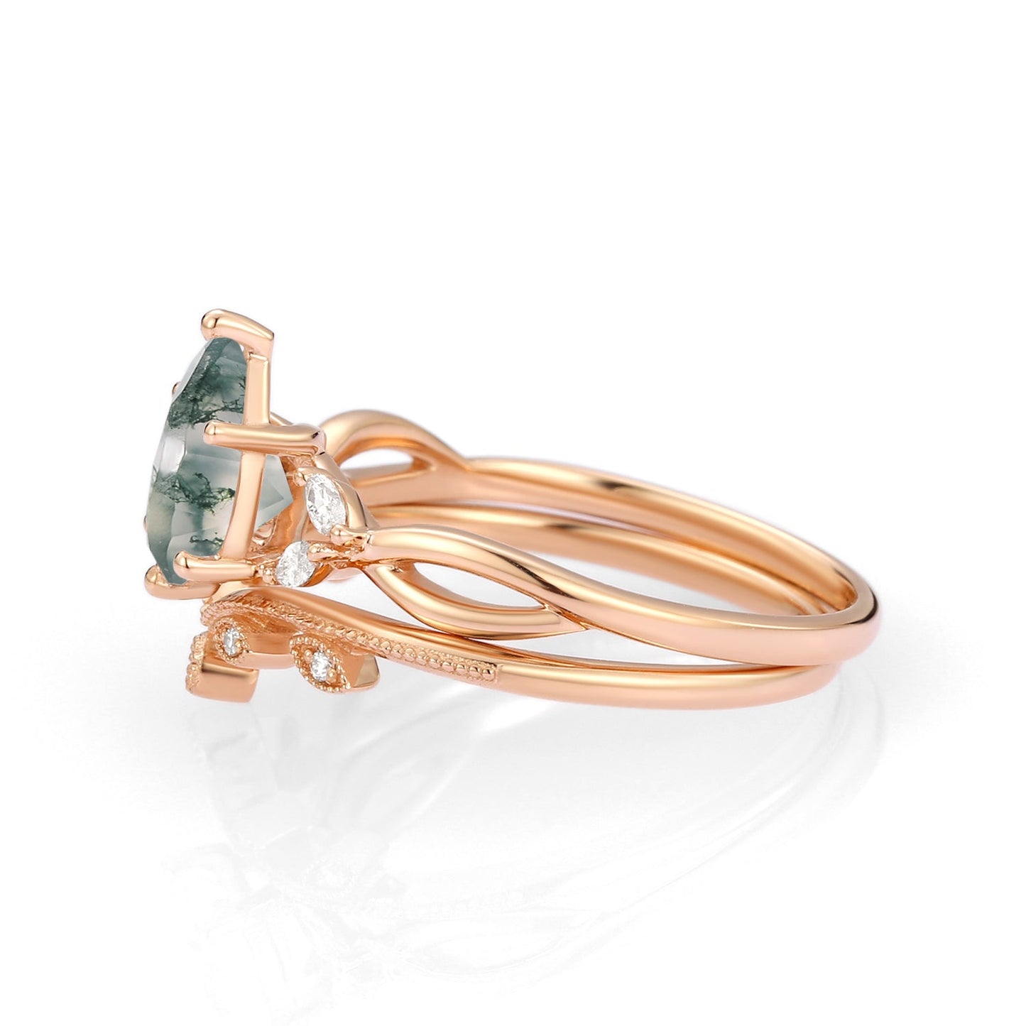 Unique floral engagement rings Pear Moissanite Leafy Twig Bridal Ring Set
