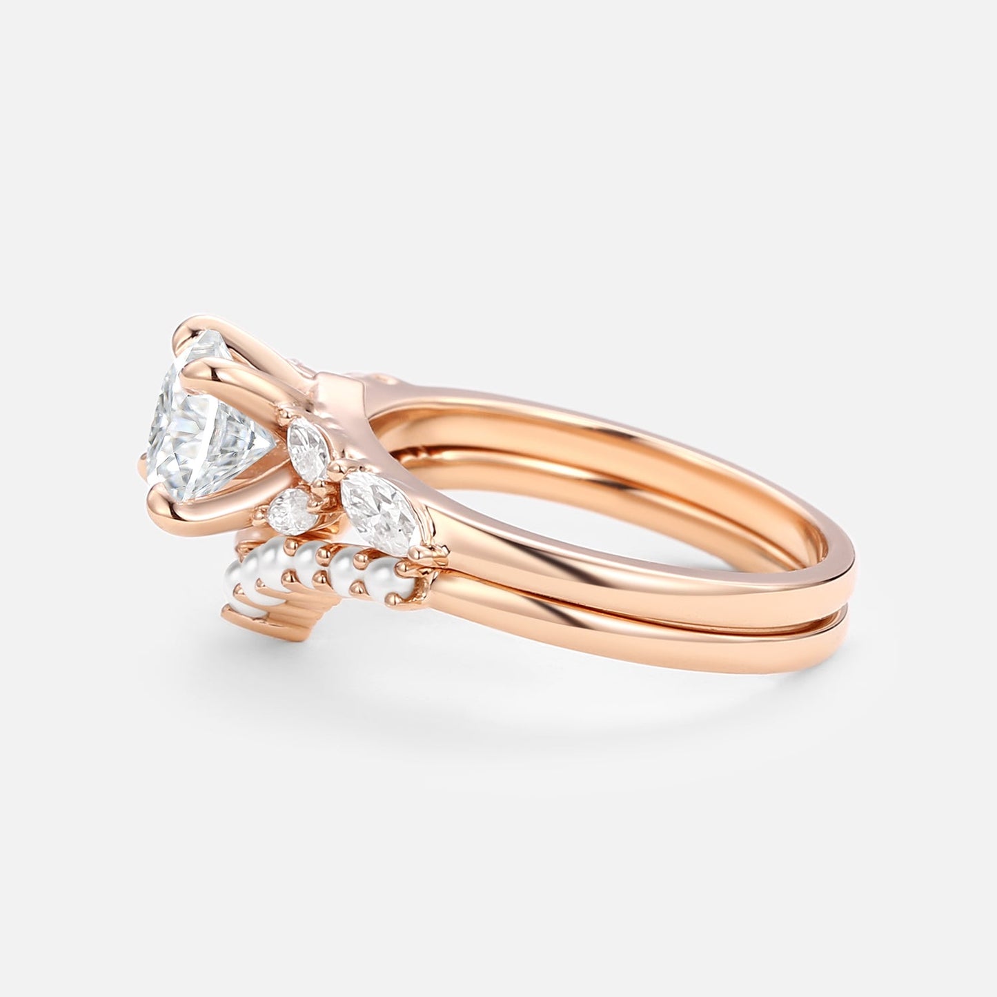Unique floral engagement rings Round Moissanite and Pearl Engagement Ring Set