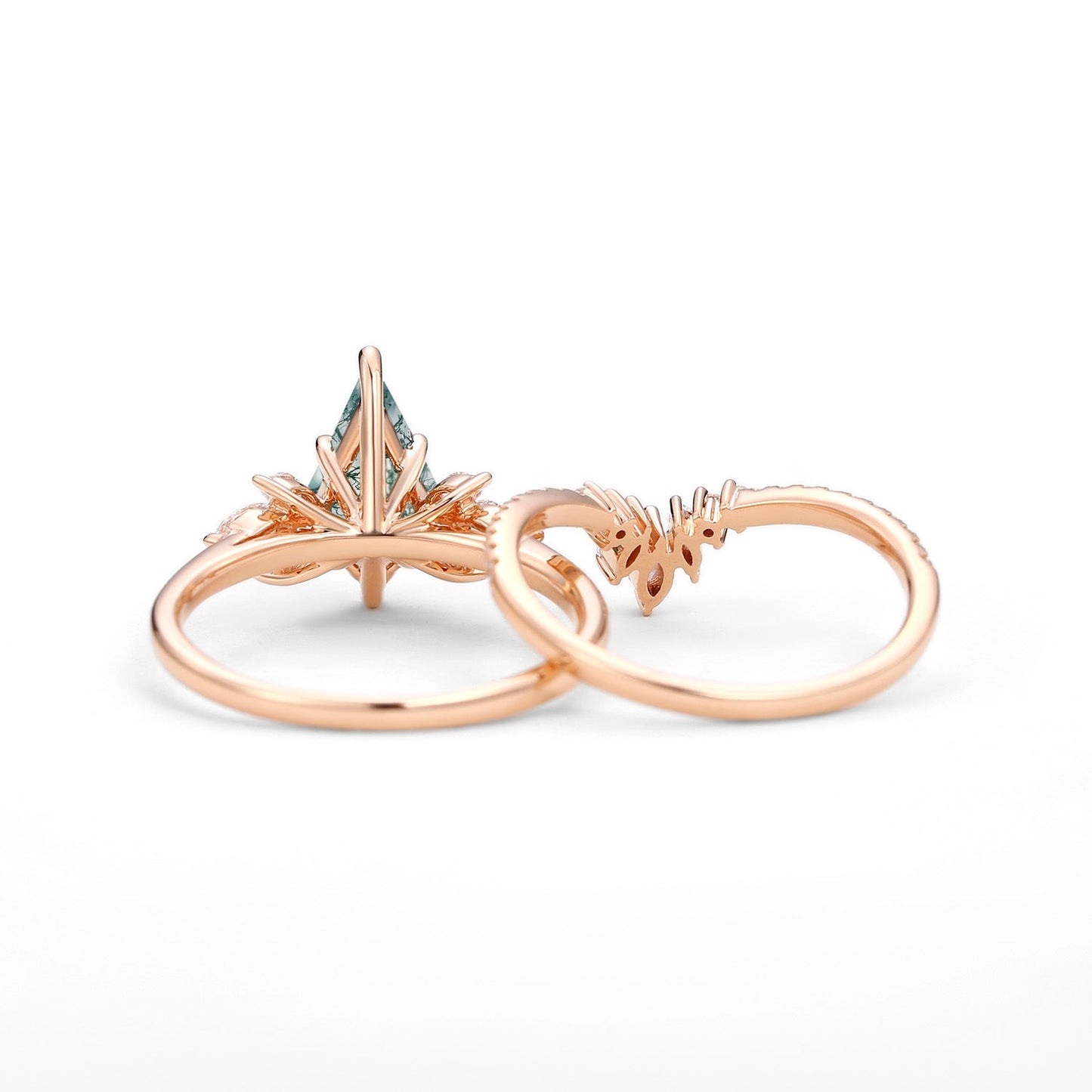 Unique Kite Cut Moss Agate Butterfly Engagement Ring Fairy Ring Set