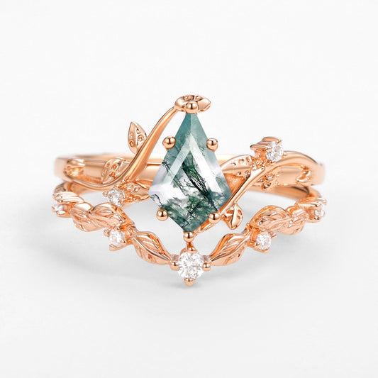 Unique Vine Leafy Kite Cut Moss Agate Engagement Ring Set