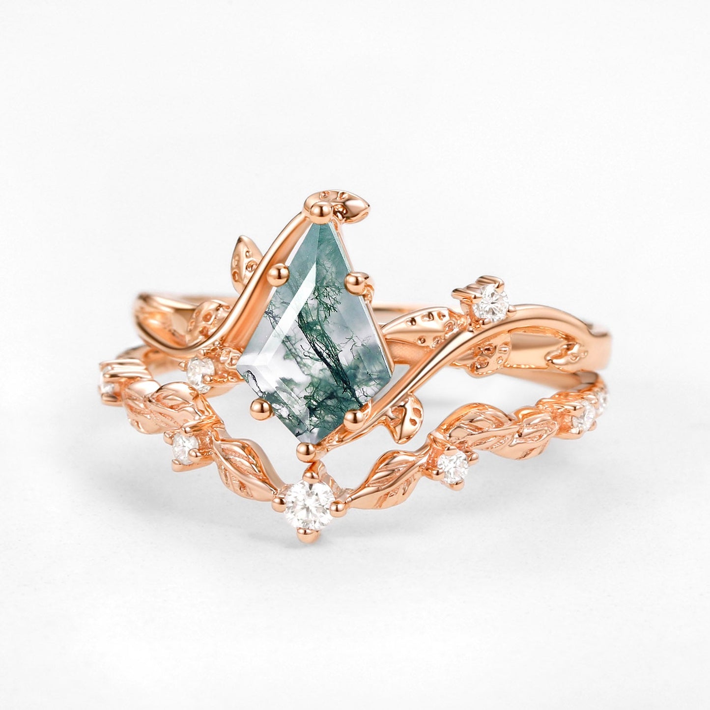 Unique Vine Leafy Kite Cut Moss Agate Engagement Ring Set