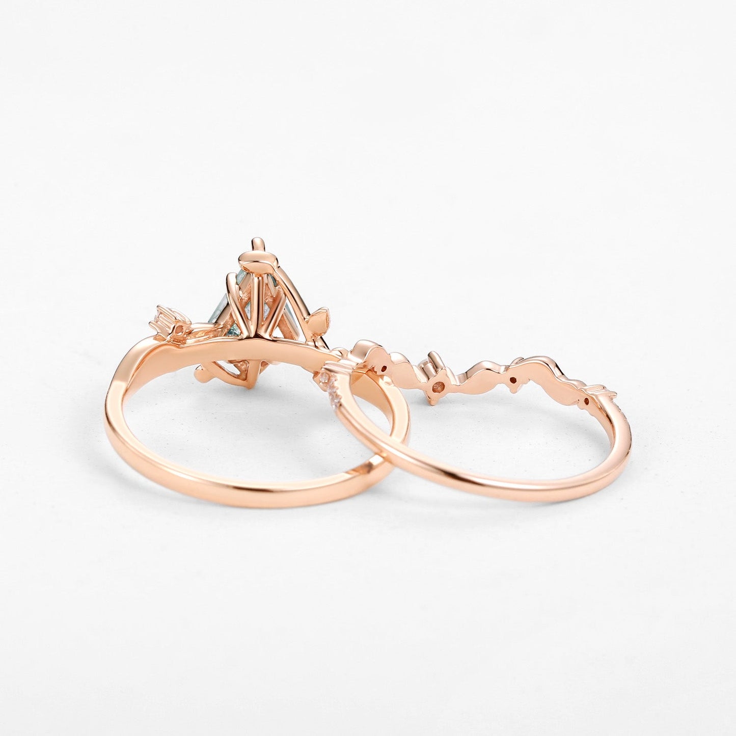 Unique Vine Leafy Kite Cut Moss Agate Engagement Ring Set