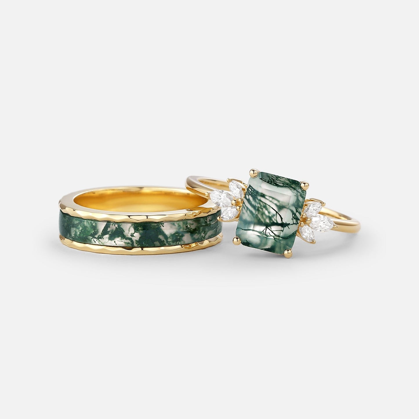 Unique Emerald Cut Moss Agate Yellow Gold Couple Ring Set