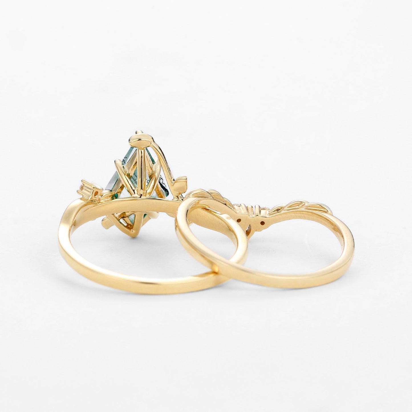 Unique Moss Agate Kite Cut Vine Engagement Ring Set