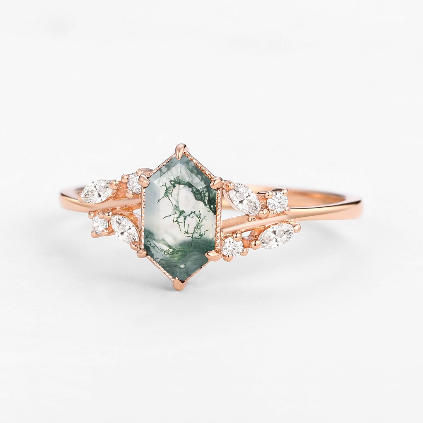 Unique floral engagement rings Hexagon Moss Agate Leafy Moissanite Vintage Engagement Ring