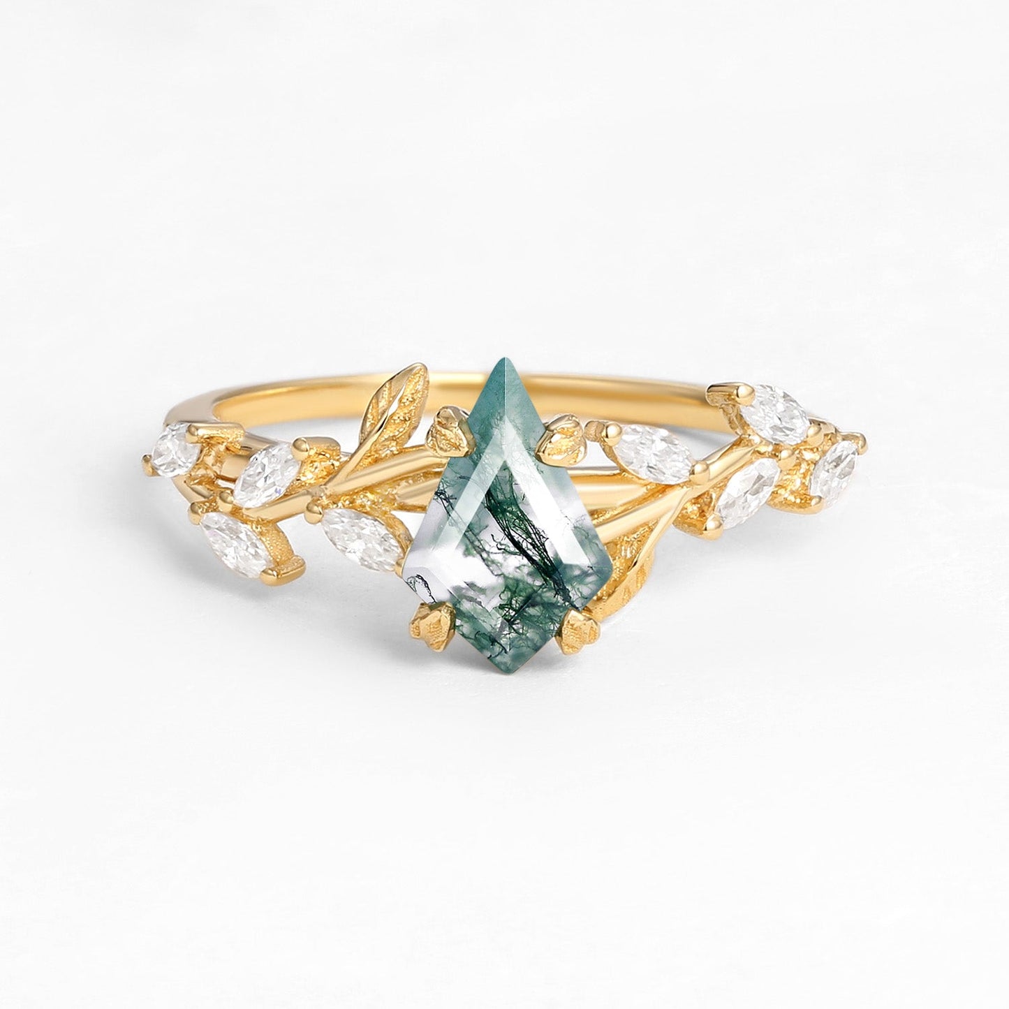 Unique Kite Cut Clear Moss Agate Leafy Engagement Ring