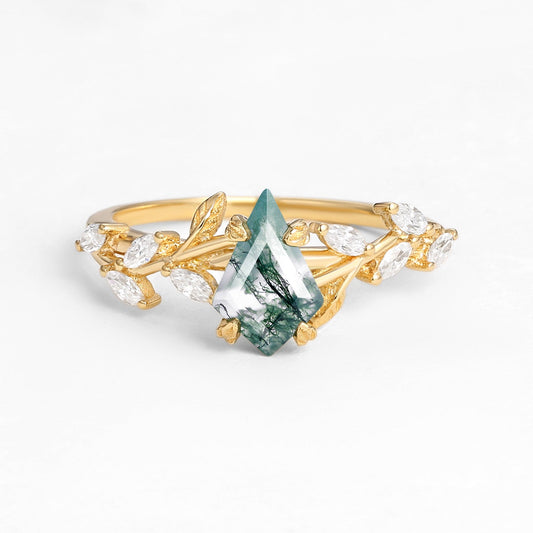 Unique Kite Cut Clear Moss Agate Leafy Engagement Ring