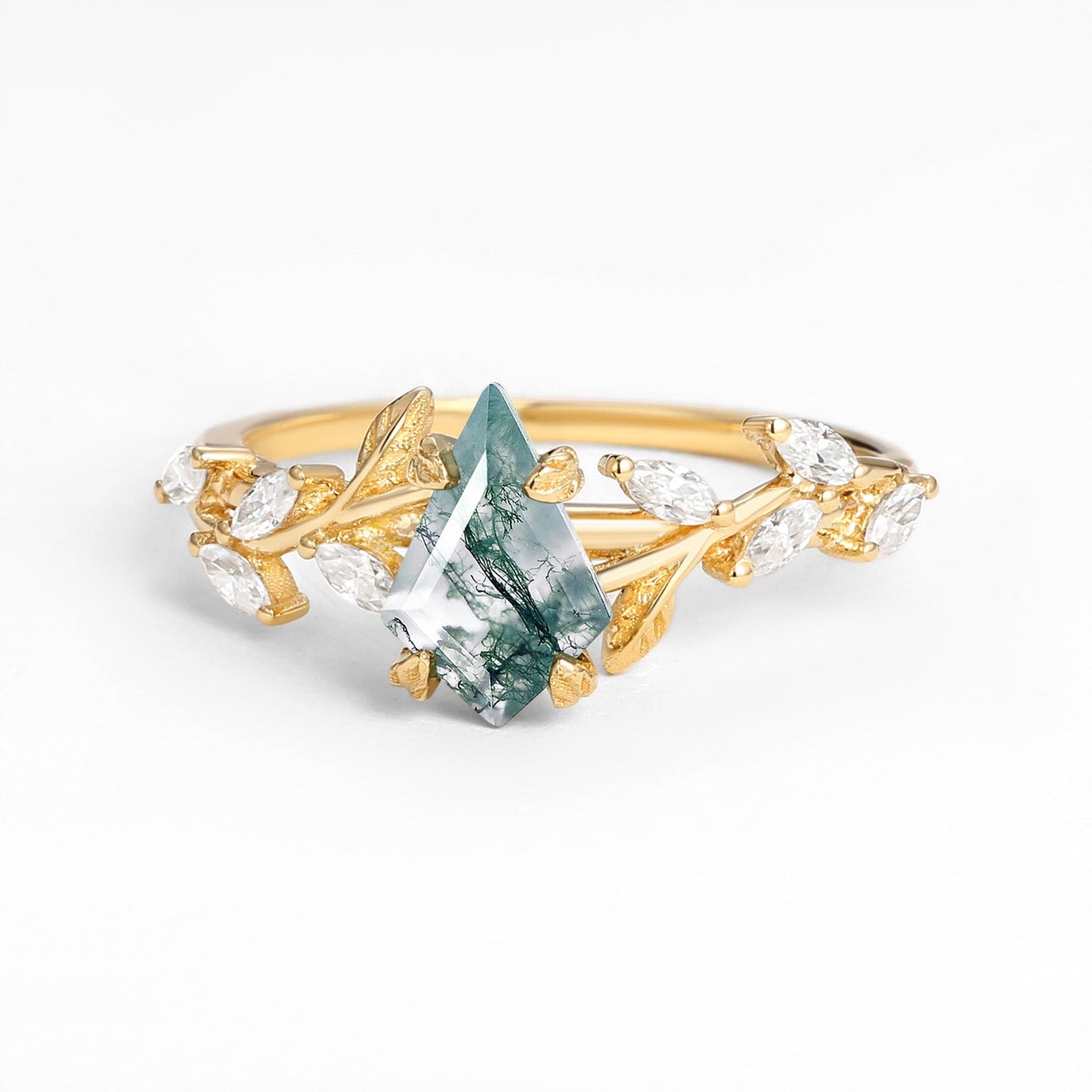 Unique Kite Cut Clear Moss Agate Leafy Engagement Ring