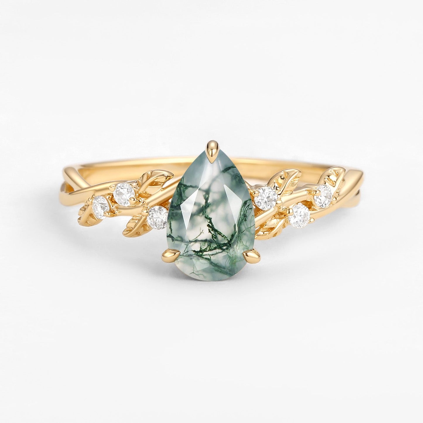 Unique Pear Cut Infinity Nature Inspired Moss Agate Ring