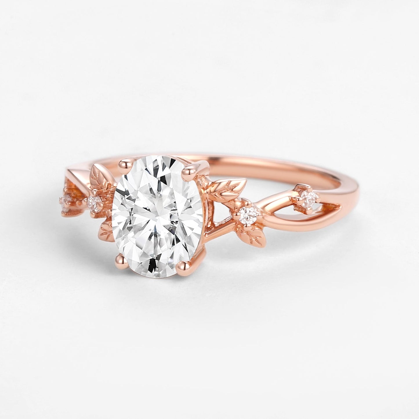 Unique Oval Cut Moissanite Leafy White Gold Ring