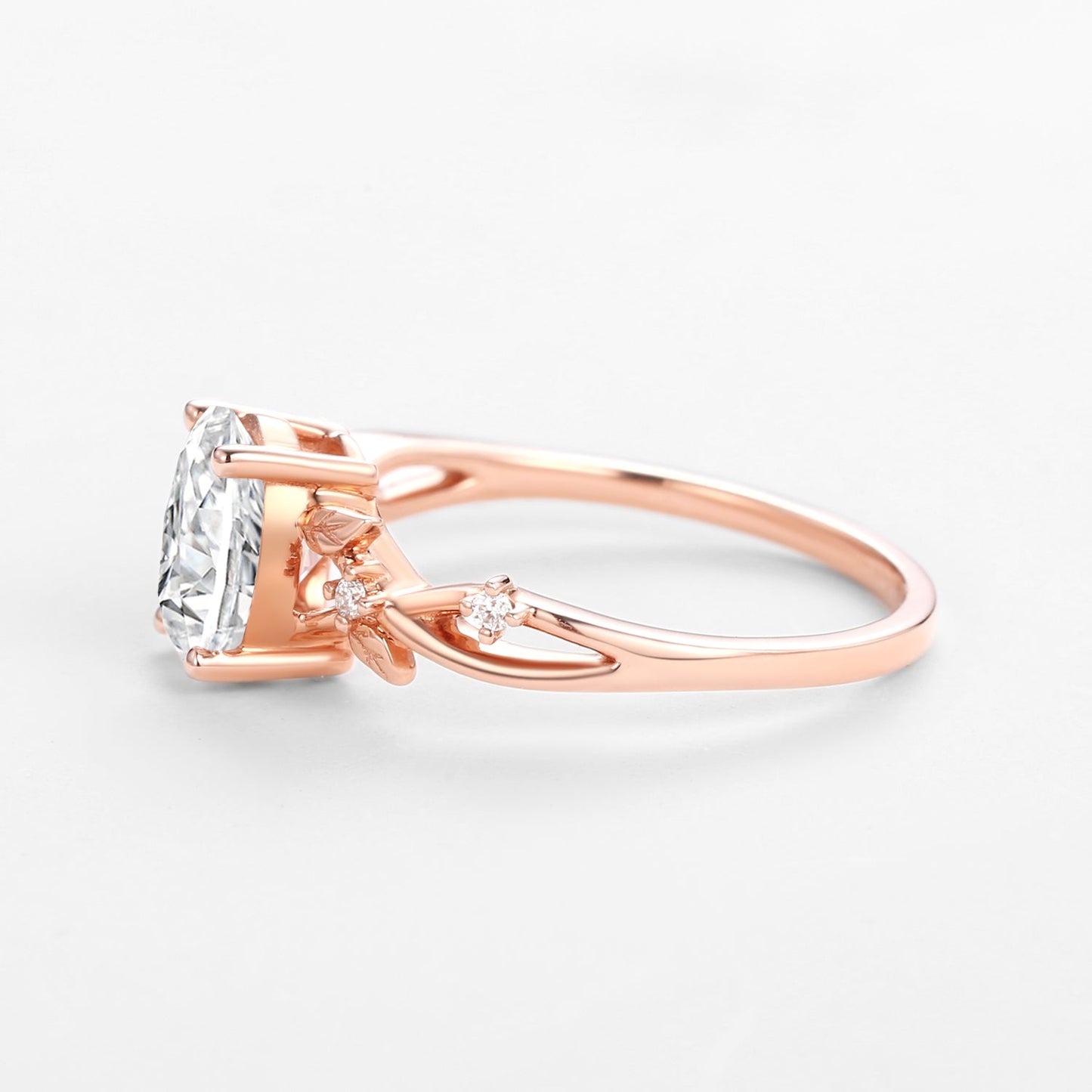 Unique Oval Cut Moissanite Leafy White Gold Ring